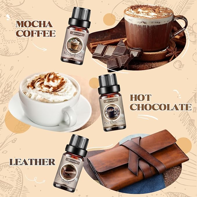 Bakery Essential Oils Set - 6x10ML Fragrance Oils for Home Diffusers,Candle & Soap Making |Home Aromatherapy & Crafting| Leather, Hot Chocolate, Coffee Cake, Mocha Coffee, Apple Pie,Brown Sugar Scents