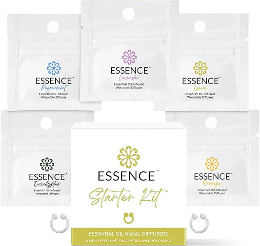 Essence Nasal Diffuser Starter Kit – Essential Oil Silicone Nose Ring Inhalers for Beginners – Wearable Aromatherapy Bundle for Relaxation, Energy & Breathing Support