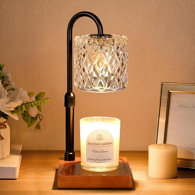 Candle Warmer Lamp with Timer -Dimmable Adjustable Height Wax Melt Warmer for Jar Candles,Vintage Home Decor with Elegant Amber Glass,Birthday Gifts for Women, Mom, Friend