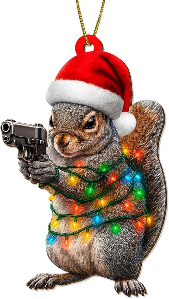 Funny Squirrel Christmas Ornament, Cute Holiday Tree Decoration with Santa Hat and Lights, Humorous Gift for Men & Women