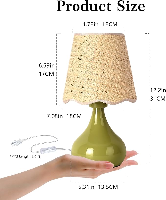 Green Cute Small Boho Table Lamp for Bedroom Bedside, Green Bedroom Lamps for Nightstand, Small Scalloped Rattan Shade Table Lamps for Small Spaces for Bedroom, Home Office, Living Room, Kids Dorm