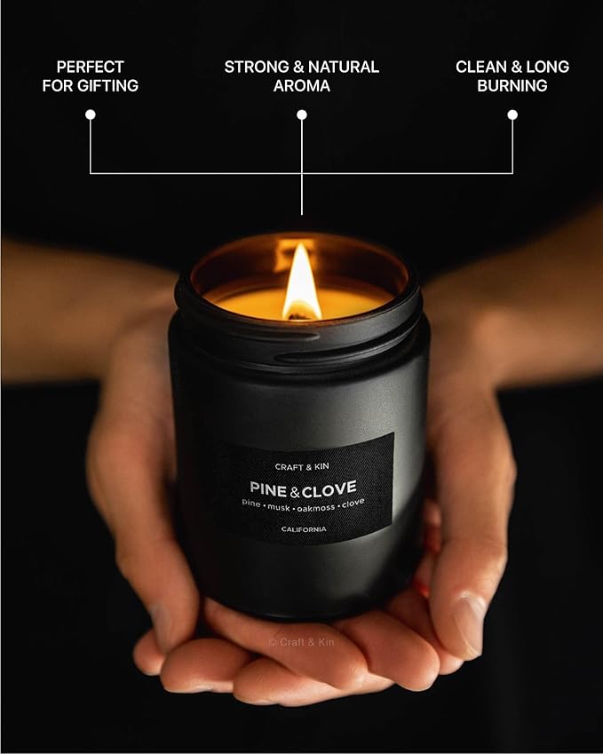 Craft & Kin Premium Pine & Clove Candle | Black Fall Scented Candles for Home | Long Lasting with 45 Hour Burn Time, 7.6oz | Made with Fall Soy Candles | Aromatherapy at Home | Gifts for Men