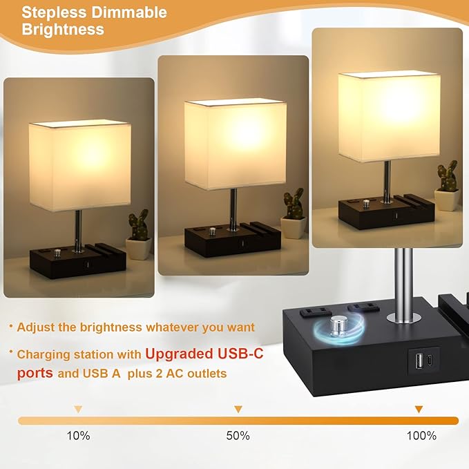 Kakanuo Table Lamp for Bedroom with Dual USB Ports, White Fully Dimmable Bedside Lamp with Phone Stands and 2 Charging Outlets, Desk Lamp for Nightstand and Living Room, LED Bulb Included