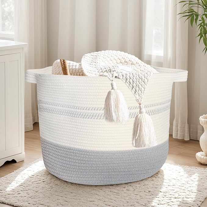 55L Woven Cotton Rope Storage Basket with Handles: 17.7"x13.7" Laundry Hamper for Clothes, Blanket Baskt, Nursery Storage and Laundry Basket for Toys, Towels, Books, Light grey