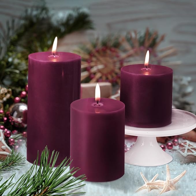 KONNI Purple Pillar Candles Set of 3, 3"x 3" Unscented Pillar Candles Bulk, 30 Hours Long Burning Candles, Smokeless&Dripless Large Round Candle for Wedding, Home Decoration, Parties, Spas, Dinner