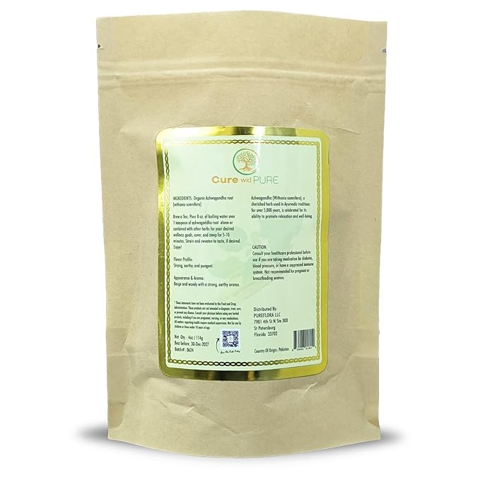 Cure wid Pure Certified Organic Ashwagandha Root Tea | Cut & Sifted 4oz Non-GMO Non-Irradiated Ashwagandha Tea for Women & Men Adaptogenic Wellness | Withania Somnifera for Herbal Infusion & Capsules