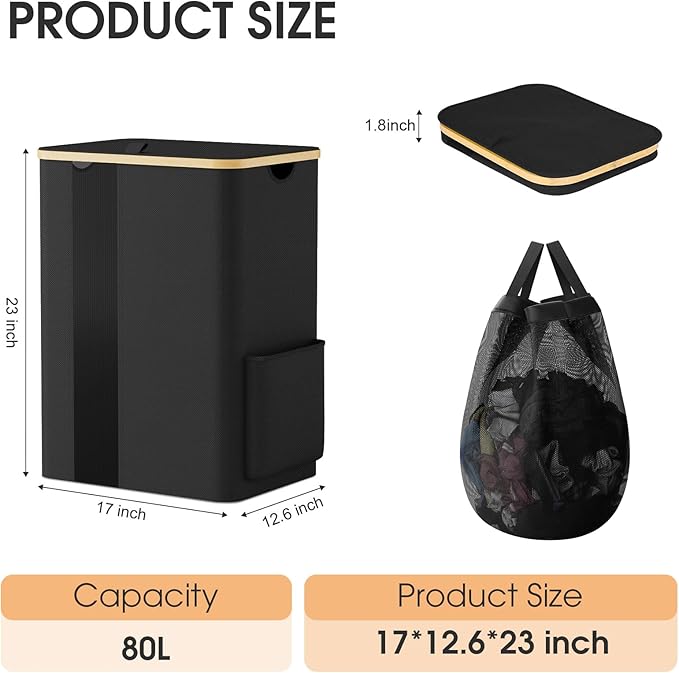 Laundry Basket Clothes Hamper with Lid and Side Pocket Large Collapsible Laundry Baskets with Handle, Freestanding Hampers for Bedroom Aesthetic, Dorm, Bathroom, Laundry Room (80L, Black)