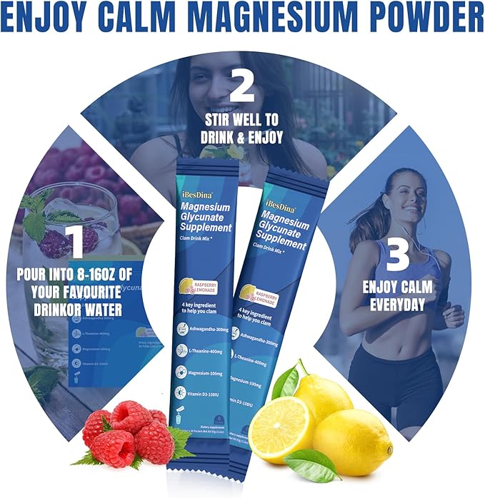 Cortisol Supplements for Women,Calm Drink Mix,Magnesium Glycinate,Ksm-66 Ashwagandha,Vitamin D 3, 20 On The Go Packets,Raspberry Lemonade,Supplements for Relaxation Sleep