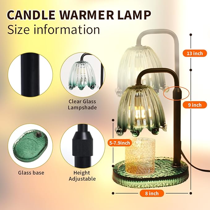 Candle Warmer Lamp with Timer: Adjustable Height and 4 Dimmer, Crystal Glass Base, Heater Wax Warmer for Jar Scented, Home Décor and Housewarming & Birthday Gift for Mom Woman, 2 Bulbs (Crown Green)