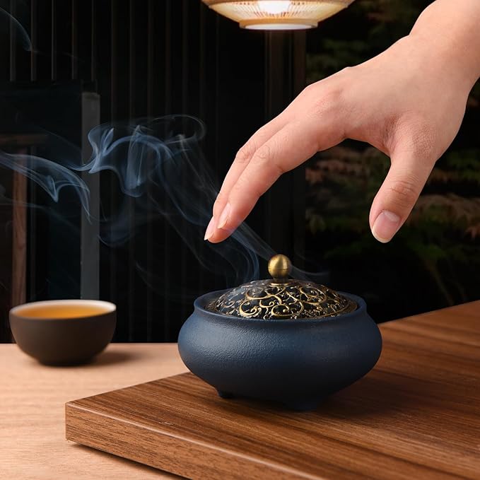 Ceramic Incense Burner with Incense Holder+ Fireproof Cotton,Handmade Smudging Burn Bowl for Stick or Coil Incense,Sage Cones, Frankincense and Mosquito Incense (Blue)