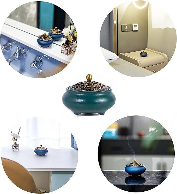 Cone Incense Burner Gift Set – Ceramic Burner with Metal Lid, Holder & Fireproof Cotton – for Stick, Cone & Coil (Green)