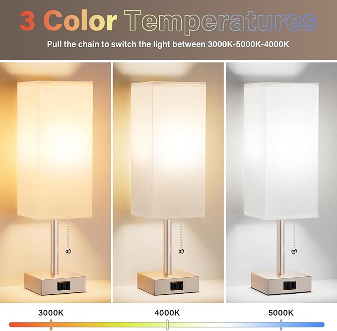 Gold Bedside Table Lamps for Bedroom Set of 2 - Small Rectangular Nightstand Lamp with AC Outlet Charging Port, 3 Color Temperatures Desk Light, Tabletop Reading Lamp for Living Room/Dorm/Office