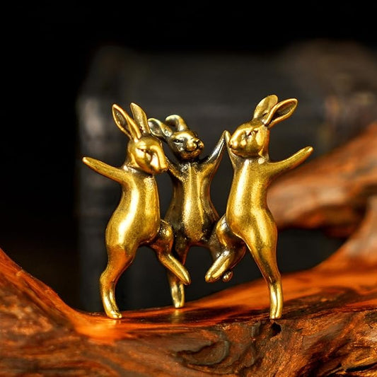 CHOVY Dancing Rabbits Trio - 100% Solid Brass Sculpture, Vintage Whimsical Home Decor, Interlocking Joyful Bunny Figurine for Easter & Spring, Unique Gift Idea, Handcrafted Collectible Art Piece