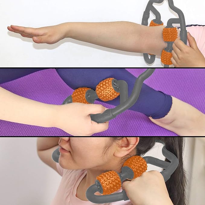 Cellulite Massage Tool Muscle Roller - Deep Fascia Massager & Dimpled Skin Remover for Legs, Thighs & Buttocks - Anti-Cellulite Roller, Smooth Skin, Pain Reliefs （Orange Gray -4wheel）