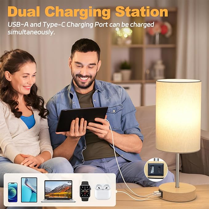 AKASUKI Table Lamp for Bedroom, 3 Way Dimmable Touch Lamp with Dual Charging Station, Small Bedside Lamps for Night Stands, Living Room, Office(LED Bulb Included)