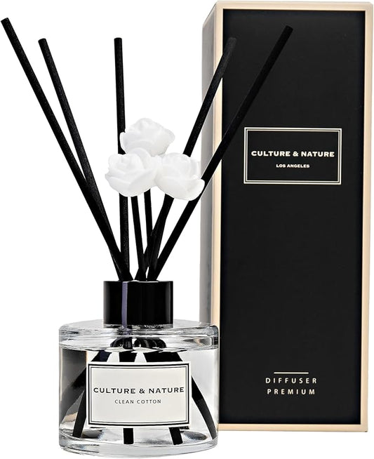 CULTURE & NATURE Reed Diffuser Set 4oz (120ml) Clean Cotton Scented Diffuser with Sticks Home Fragrance Reed Diffuser for Bathroom Shelf Decor