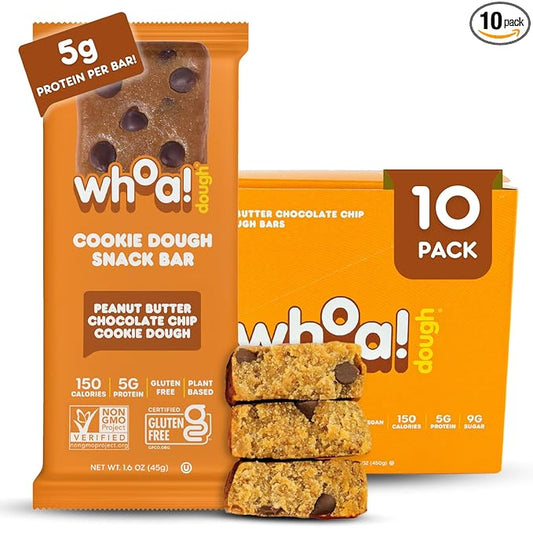 Whoa Dough Edible Cookie Dough Bars- Certified Non-GMO, Kosher and Gluten Free Bars - Healthy Snack Foods - Plant Based Snacks - Peanut Butter Chocolate Chip Cookie Dough - 10 Pack