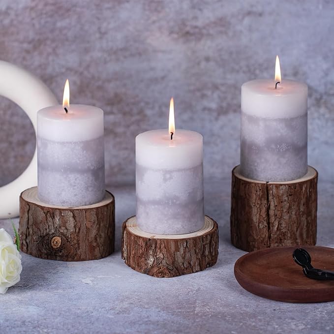 KONNI Gray Layered Pillar Candles Set of 3, 3"x 4" Unscented Pillar Candles Bulk, 39 Hours Long Burning Candles, Smokeless & Dripless Round Candle for Wedding, Home Decoration, Party, Spa, Dinner