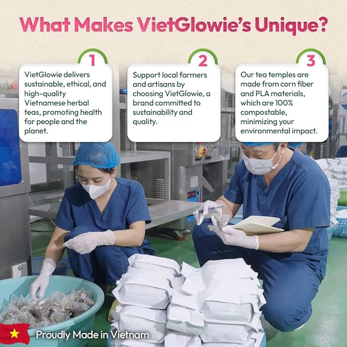 VietGlowie 20 Chamomile Blend Pyramid Tea Bags, 11.5g/Bag to 33oz, Chamomile, Lavender, Brown Rice, Stevia, Bedtime Tea, Sleep Support Herbal Tea, Caffeine-Free, 100% Natural, Corn-Based Tea Bags