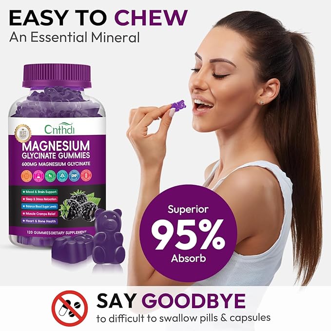 Magnesium Glycinate Gummies for Adults, High Absorption Vitamin Magnesium Gummies with L-Threonate, Calcium, B6, D3, Sugar Free Chews, Relaxation, Stress Relief, Night Rest