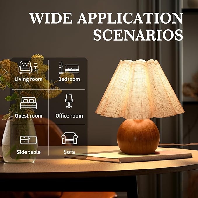 Farmhouse Cute Small Table Lamp, Wood Grain Vintage Table Lamps for Bedroom Nightstand, Cute Mini Bedside Small Table Lamps for Small Spaces with Scalloped Shade for Kitchen Counter, Bookshelf