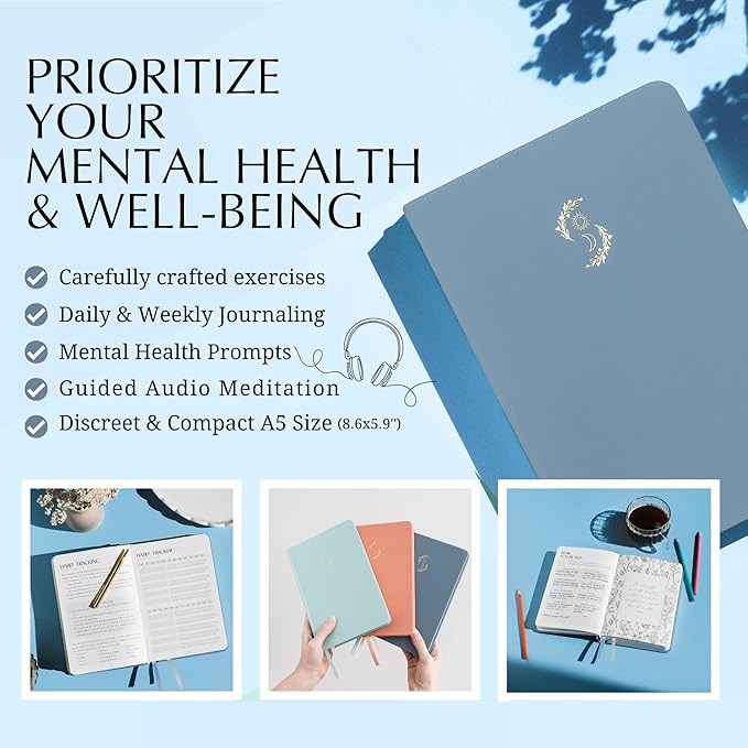 FINDING BALANCE Mental Health Journal – 6-Month Daily Journal with Prompts for Mindfulness, Self-Care & Healing – Anxiety & Depression Relief – Blue Hardcover