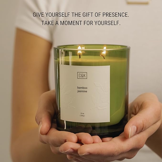 Craft & Kin 12oz Bamboo Jasmine Candle for Home | Premium Green Fall Scented Candles for Men | Made with Natural Soy | Gifts for Men and Women | Nature Collection