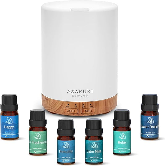 ASAKUKI Essential Oil Diffuser, Aromatherapy Cool Mist Home Humidifier with 7 LED Color Changing Light and Auto-Off Safety Switch, 6 Essential Oils Set, 300ml (Brown with Oils)