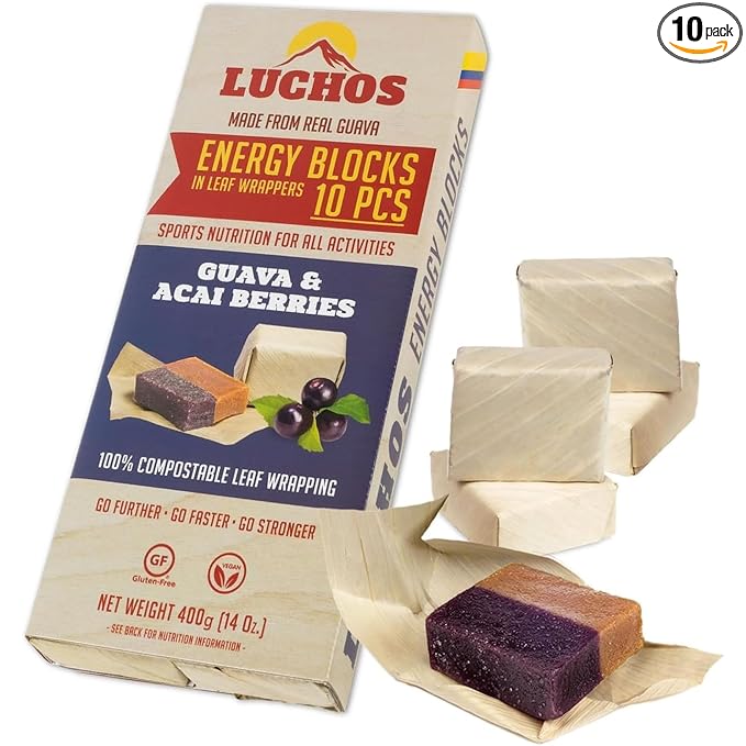 LUCHOS Natural High Energy Bars Power Blocks for Sports, Endurance, Running, Hiking, Cycling, Pre Workout Healthy Snacks, High Carb, Vegan and Gluten Free, Guava and Acai Berry, 10 Pieces