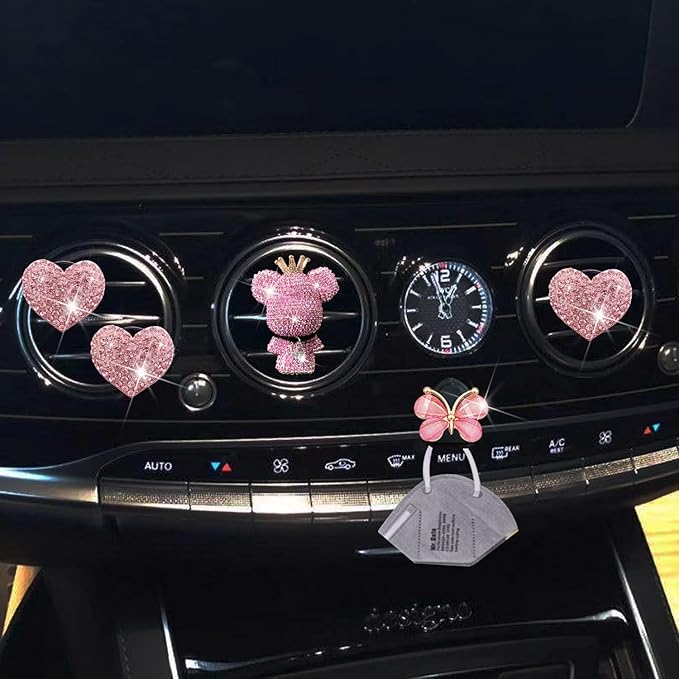 Heart & Bear 4 Pcs Bling Heart Air Vent Clips - Diamond Car Diffuser & Interior Decor Charm - Cute Car Accessories & Decoration for Women + Cute Butterfly Mask Hook (Pink, 1)