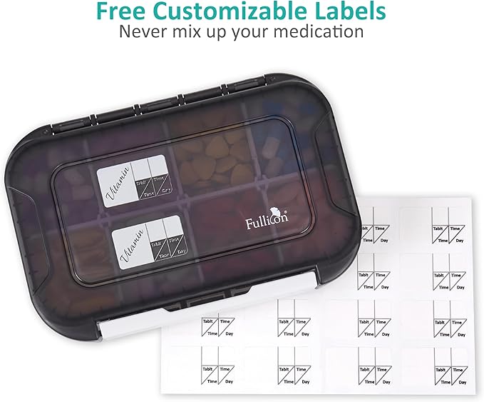 Fullicon Large Pill Organizer with 8 Compartments, Moisture Proof Travel Pill Box with Removable Divider, Daily Pill Container with Lables, Pill Case for Vitamin, Fish Oil, Supplement (Black)