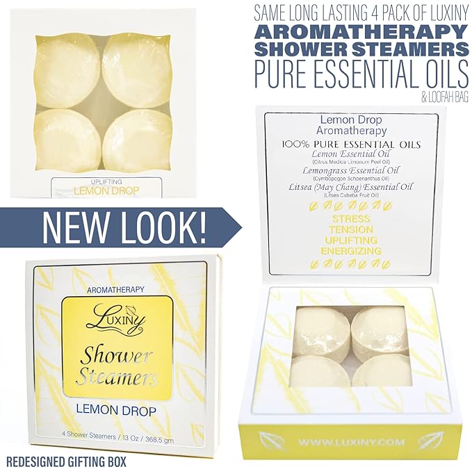 Shower Bombs Aromatherapy in Your Shower, American Made by Luxiny, Shower Steamer Tablets Melt to Release a Fragrant Vapor for Natural Stress Relief – Pack of 4 XL Steamers (Lemon Drop)