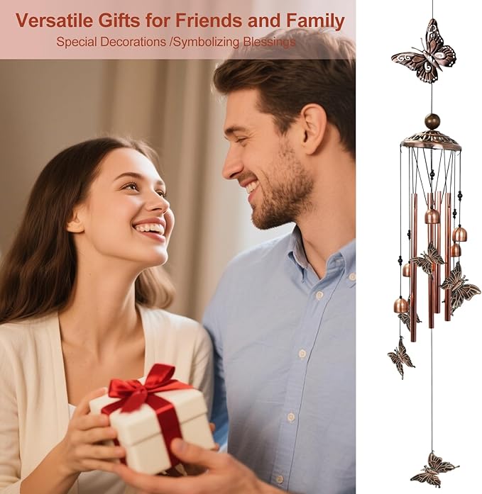 Copper Tone Animal Wind Chimes for Outdoors/Indoors - Butterfly Designs - Garden, Patio, Yard, Home Decor, for Women, Men, Mom, Birthday, Memorial, Housewarming (Butterfly)