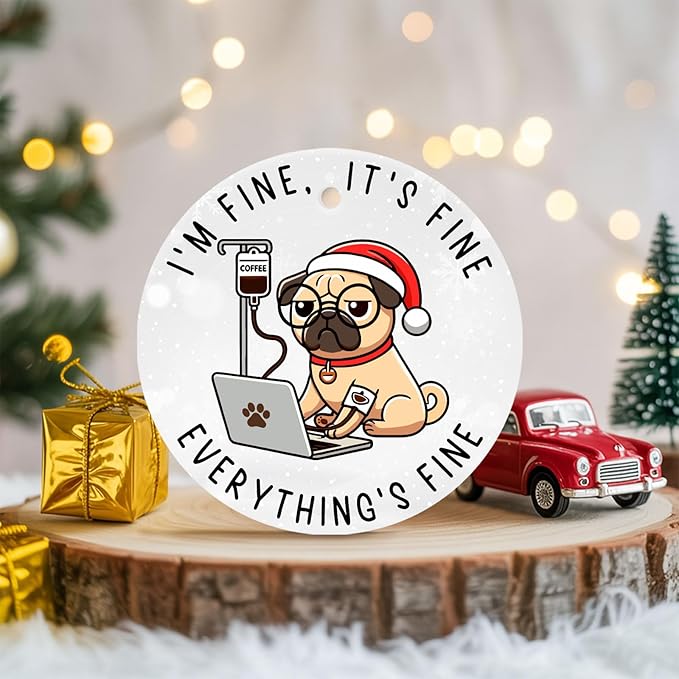 34HD Gifts for Christmas, Funny Pug Dog Christmas Ornament Ceramic 2-Side Printed, Coworkers Gifts for Men Women, Christmas Hanging Decorations