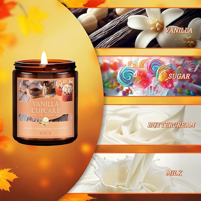 Fall Candle, Vanilla Cupcake Scented Candles for Home, Natural Soy Autumn Candle Aromatherapy Candle, 7 oz Jar Candles Fall Gifts for Women Men