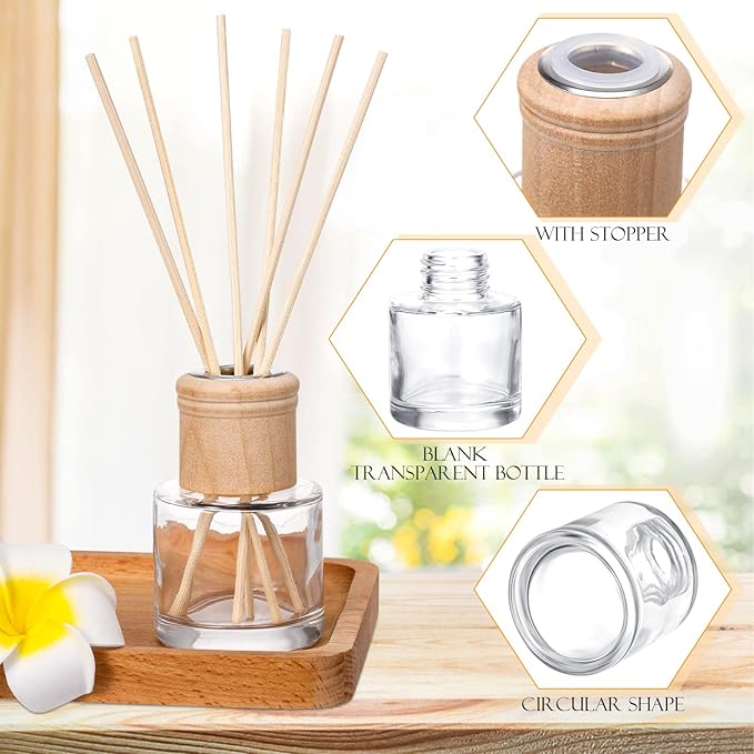 Roshtia 40 Set Reed Diffuser Bottle Empty Refillable Fragrance Glass Diffuser Bottles Set with Wooden Caps Rattan Sticks 50ml 1.7 oz Round Glass Jars for DIY Fragrance