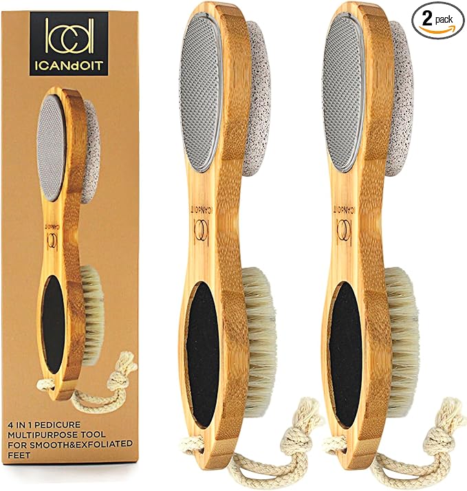 ICANdOIT-2 Packs Natural Bamboo Foot File Callus Remover-Multi Purpose 4 in 1 Feet Pedicure Kit with Boar Bristle Brush,Pumice Stone,Foot Rasp,Sand Paper