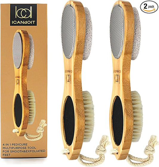 ICANdOIT-2 Packs Natural Bamboo Foot File Callus Remover-Multi Purpose 4 in 1 Feet Pedicure Kit with Boar Bristle Brush,Pumice Stone,Foot Rasp,Sand Paper