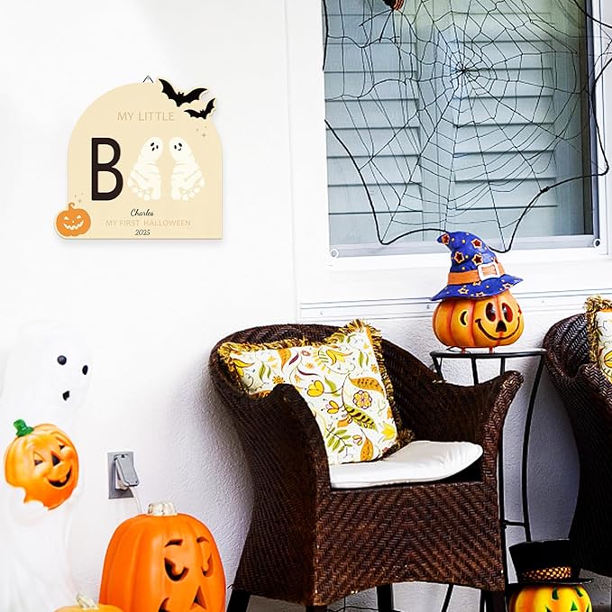 Sereliy Baby's First Halloween DIY Footprint Art Card, Wooden Little Boo Sign Keepsake Ornaments for Baby Shower Newborn Photoshoot Prop (Boo)