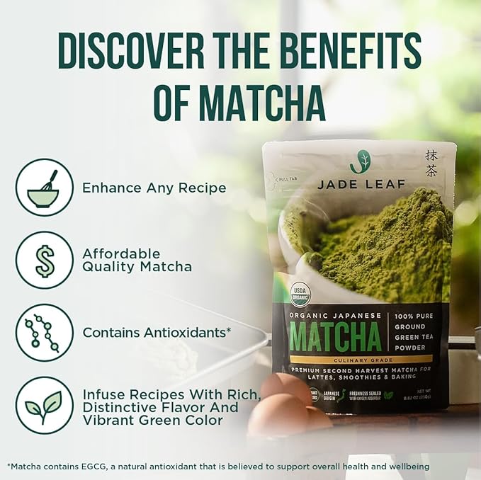 Jade Leaf Matcha Organic Green Tea Powder - Culinary Grade Premium Second Harvest - Authentic Japanese Origin (1.06 Ounce Resealable Pouch)