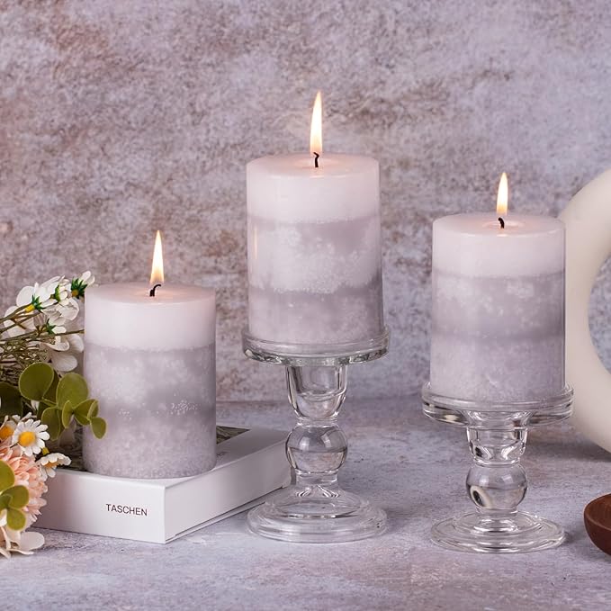 KONNI Gray Layered Pillar Candles Set of 3, 3"x 4" Unscented Pillar Candles Bulk, 39 Hours Long Burning Candles, Smokeless & Dripless Round Candle for Wedding, Home Decoration, Party, Spa, Dinner