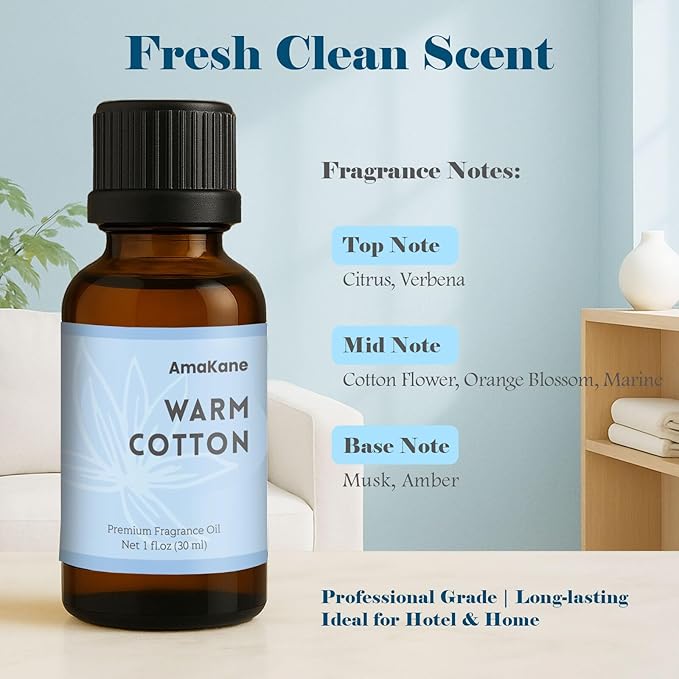AmaKane Warm Cotton Fragrance Oil 30ml, Clean Essential Oil for Diffuser, Premium Scented Oil for Home, Long-Lasting Laundry Aromatherapy Oil for Candle, Soap & DIY Making