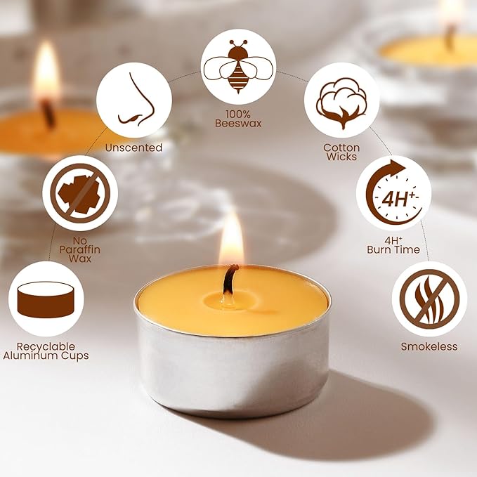 25-Pack Pure Beeswax Tealight Candles in Aluminum Cups - 4-5 Hour Burn Time, Lead-Free Cotton Wick, Natural Unscented Candles