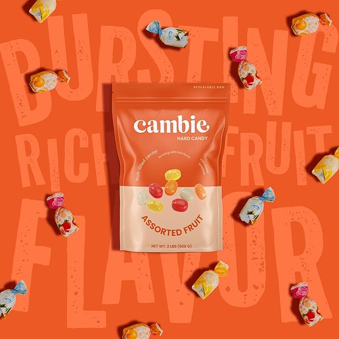 Assorted Fruit Hard Candy Individually Wrapped by Cambie, 2 lbs of Fruit Candy with a Deliciously Sweet Hard Exterior with a Soft, Decadent Filled Center