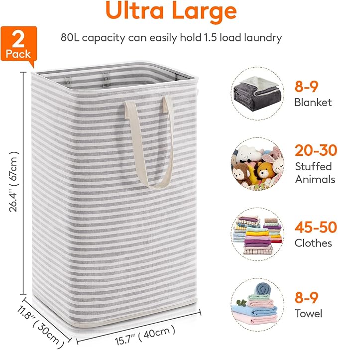 Lifewit 2 Pack Laundry Hamper Large Collapsible Laundry Baskets, Freestanding Waterproof Clothes Hamper with Easy Carry Handles in Laundry Room Bedroom Bathroom College Dorm for Adults, Grey, 2 x 80L