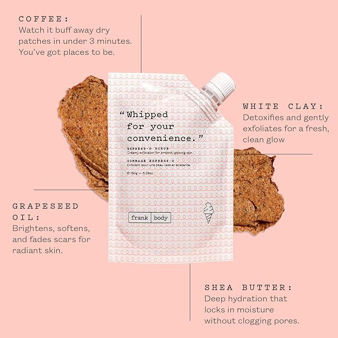 frank body Express-O Coffee Scrub | Smooths, Exfoliates & Fades Marks | Coffee, Shea Butter, Grapeseed Oil & White Clay | Vegan & Cruelty Free | 150g / 5.07 oz