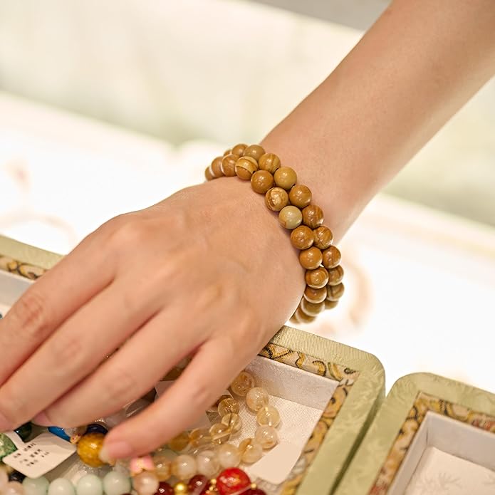 Bivei Natural Gemstone Semi Precious Healing Crystals Handmade Stretchy Round Beads Bracelet, Enhance Positive Energy