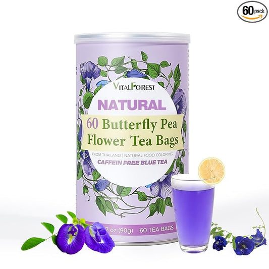 60 Dried Butterfly Pea Flower Tea Bags, VitalForest Butterfly Blue Pea Flower Tea, Premium Caffeine Free, Non-GMO, for Cooking, Iced Tea, Coolers, Cocktails and Mocktails