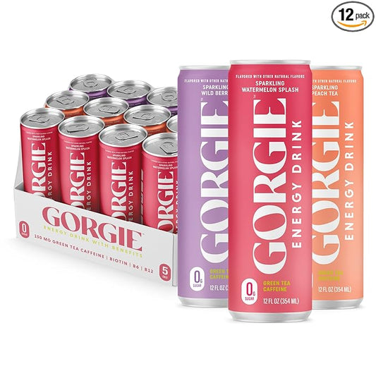GORGIE Original Variety, Sugar-Free Natural Energy Drink Sparkling, Healthy Energy Drinks - Green Tea, Biotin, B Vitamins -150mg Caffeine, Vegan, & Low Calorie (Pack of 12)