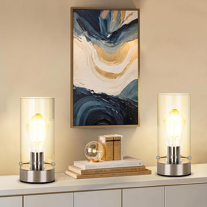 Bedside Table Lamp for Bedroom Living Room, Modern Nightstand Lamp with Glass Lamp Shape, 2700K 6W Glass Bulb Included(Nickel).